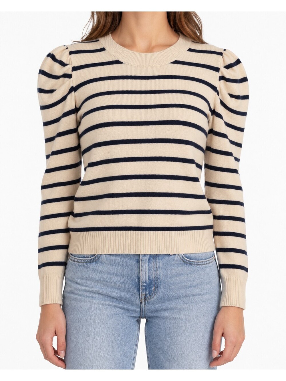 Women’s L Cream Navy Striped Puff Sleeve Knit Sweater Crewneck